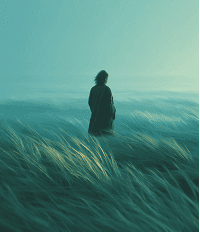 Person in a windswept field